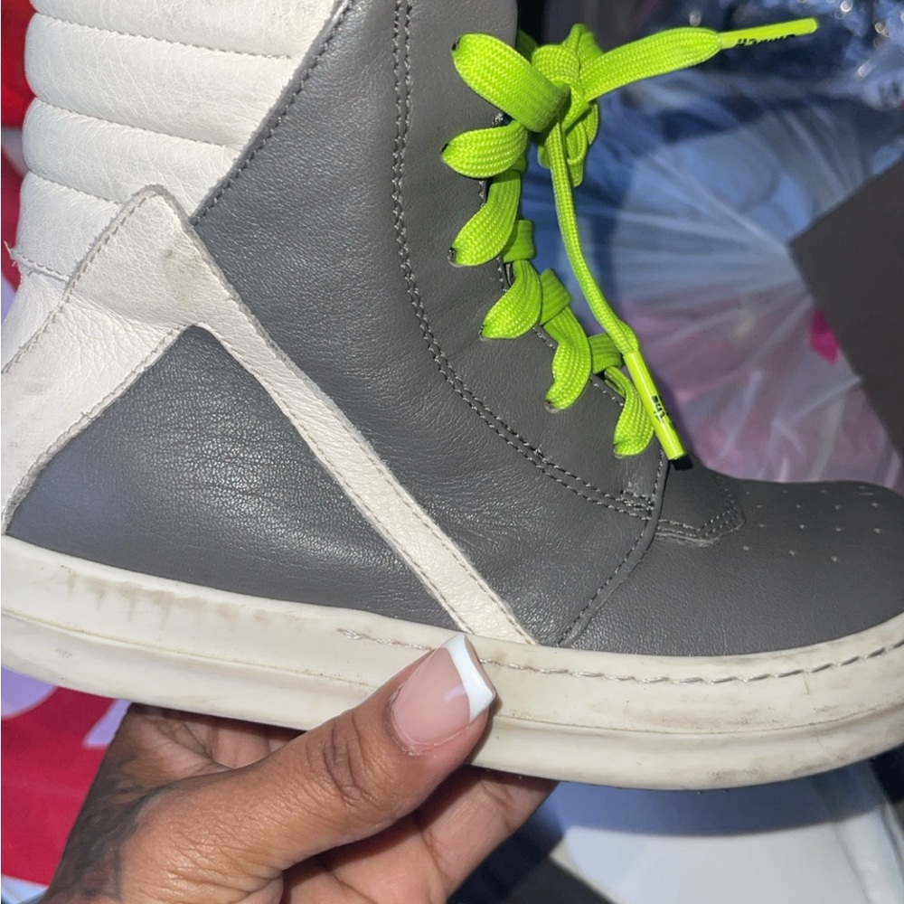 Rick Owens Gray and White Kids Sneakers with Neon Laces